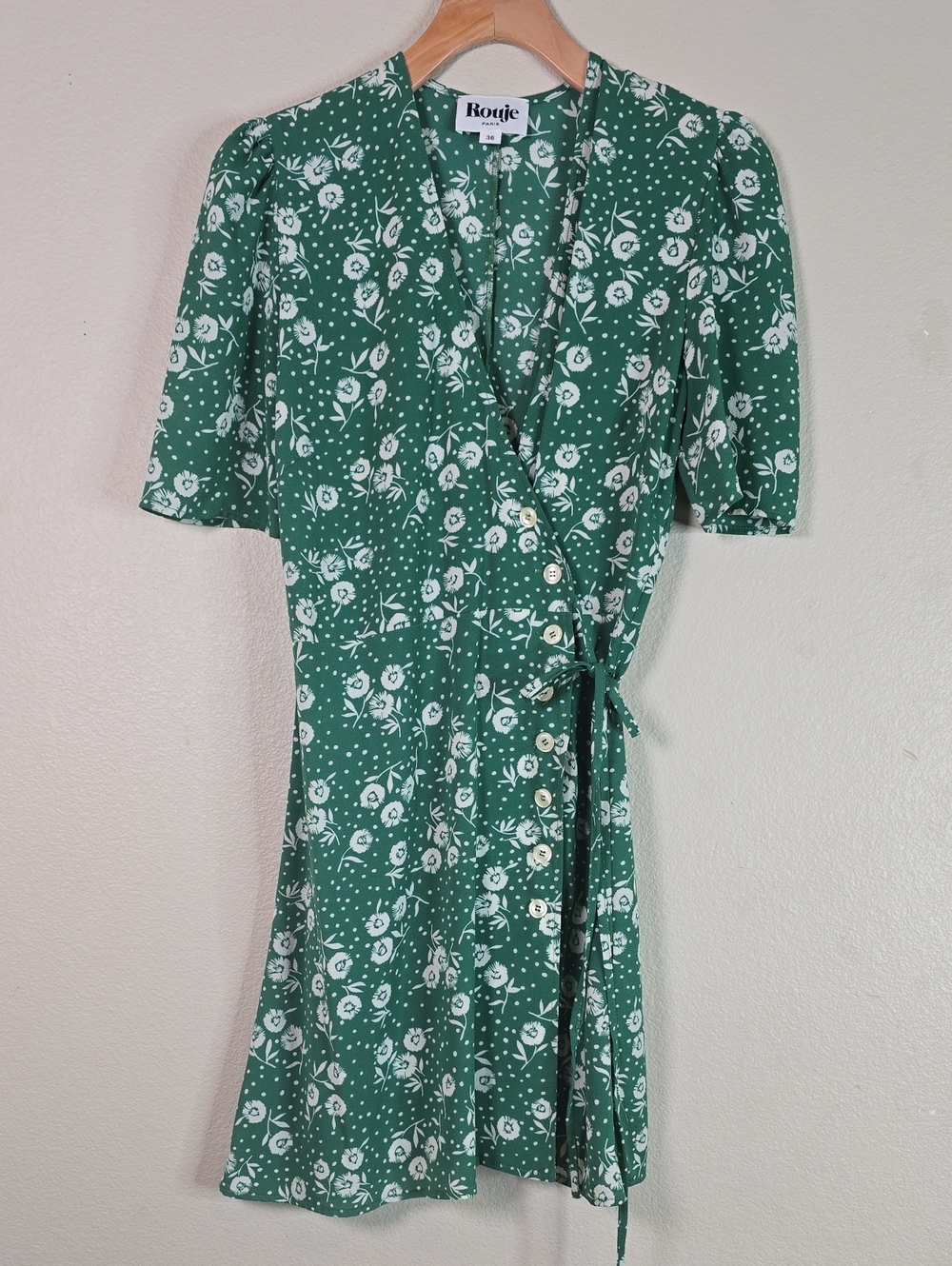 Rouje Emerald Green Floral Wrap Midi Dress Size 36.